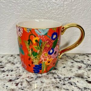 Anthropologie Floral Coffee Mug Cup Golden Monogram Initial V Rifle Paper Co.